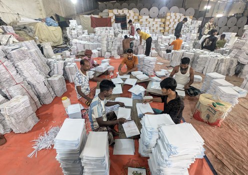 Printing houses prepare school textbooks in the Matuail area of Dhaka, Dec. 2, 2024.