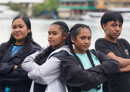 From left, Urulei King, Imaim Ngiraboi, Kelau Singeo and Seth Basilius on Nov. 27, 2024 in Koror. Ngiraboi and Singeo were part of a group of seven high school students who filed a submission to the U.N. over U.S. militarization of Palau.