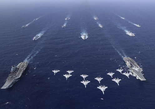 Conventionally powered Chinese aircraft carriers Liaoning and Shandong carry out a dual aircraft carrier formation exercise for the first time in the South China Sea in late October 2024.