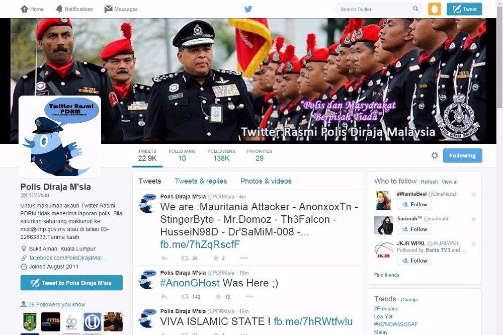 This screen shot shows messages posted by hackers on the Twitter account belonging to the Royal Malaysia Police, July 13, 2015.